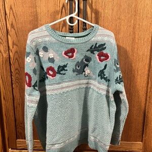 Sundance Light Teal Crewneck Sweater with Floral Embroidery
